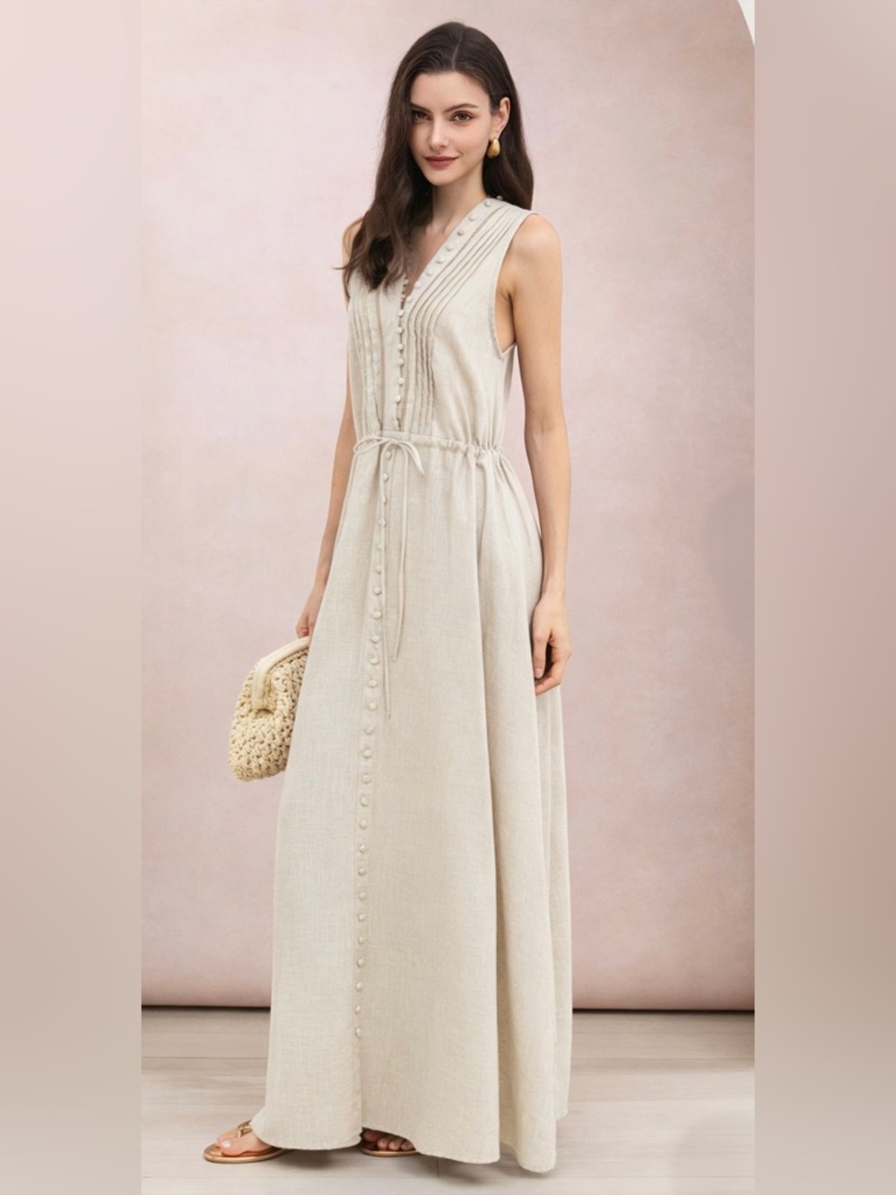 Sleeveless Cream Maxi Dress with Button-Front and Tie Waist